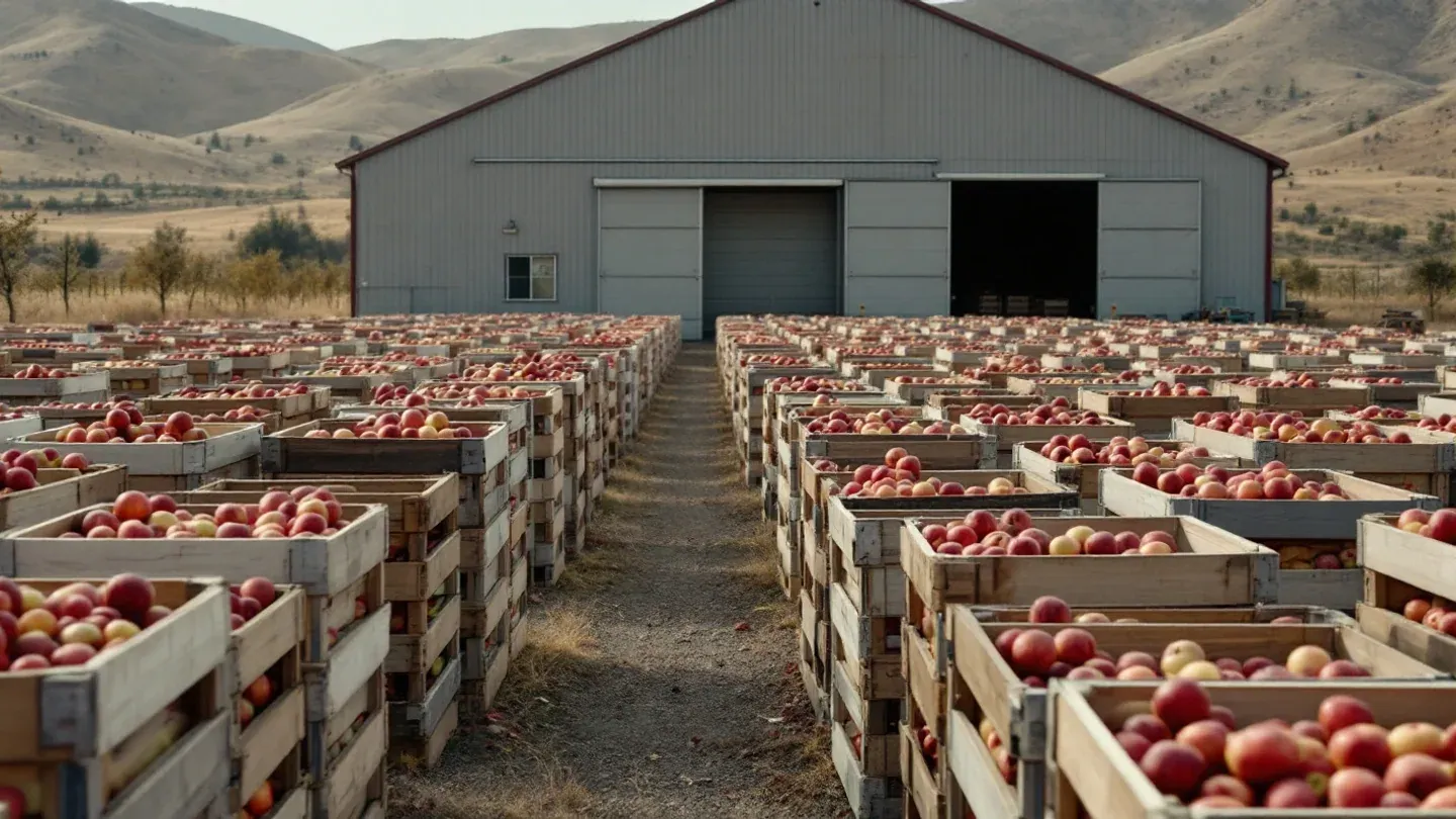 Rows of plain wooden apple bins filled with red apples wait outside a shared packing barn in Washington's Yakima Valley in October.