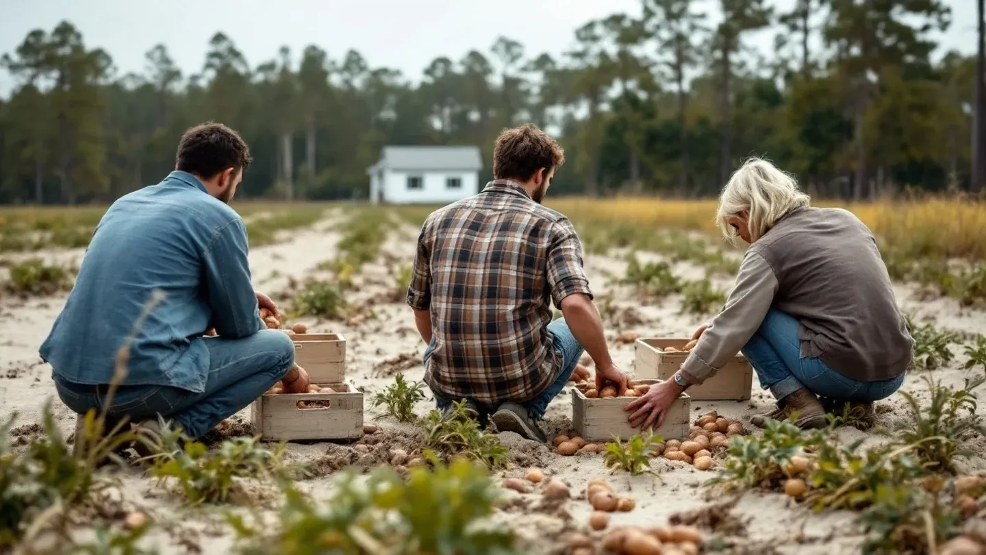 A small farm crew seen from behind harvests sweet potatoes by hand into crates in a North Carolina field in early autumn.