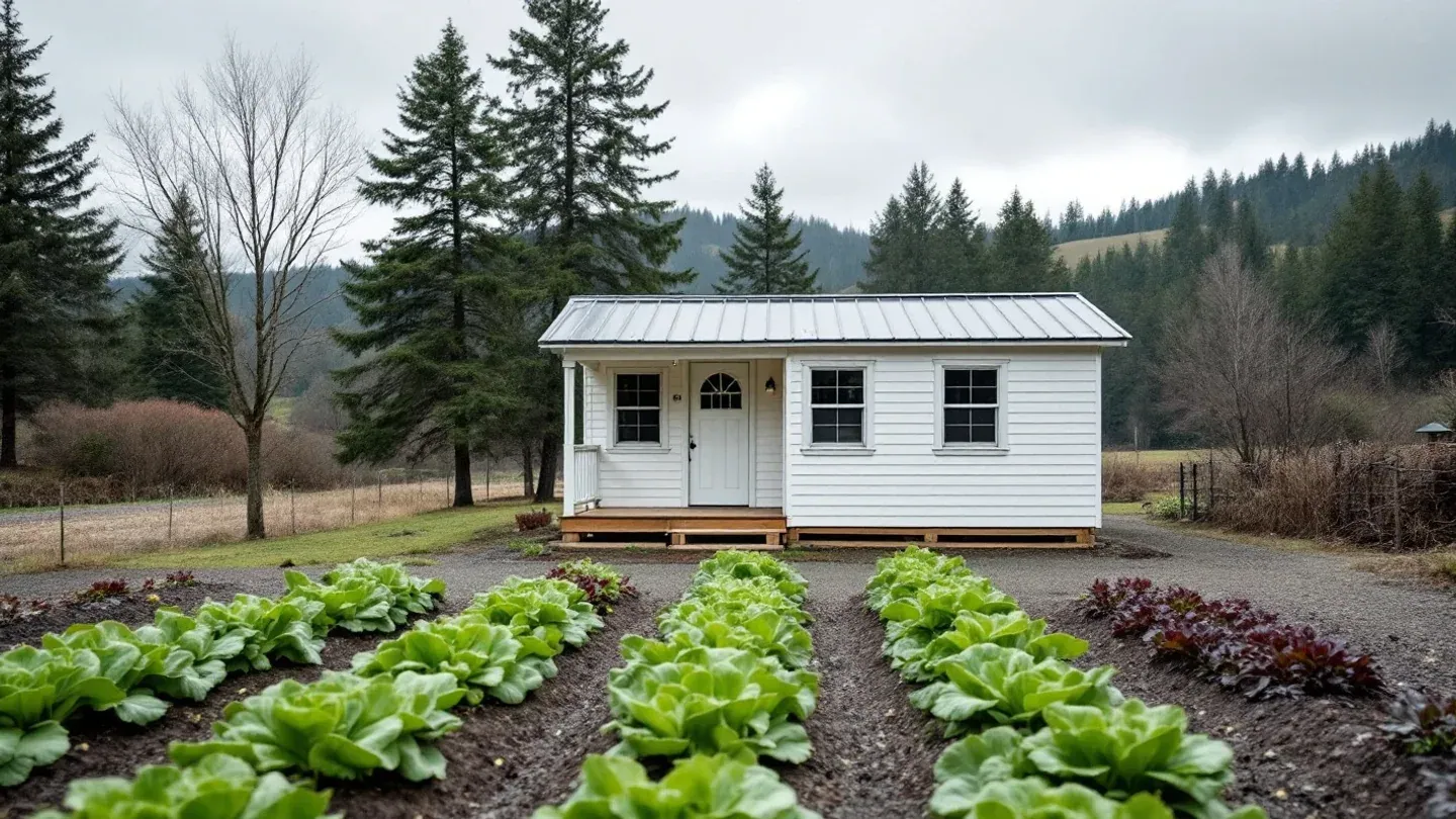 A small white clapboard bunkhouse with a covered porch stands at the edge of a vegetable farm in Oregon's Willamette Valley in spring.