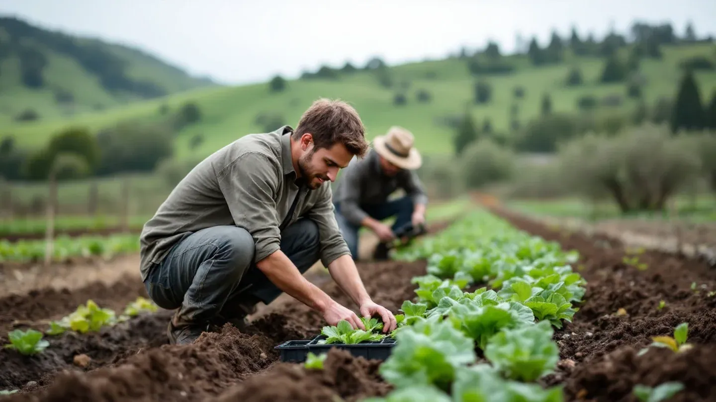 A young farmer seen from the side kneels to transplant lettuce starts into a prepared bed while a mentor works the next bed on a farm in California's Capay Valley.
