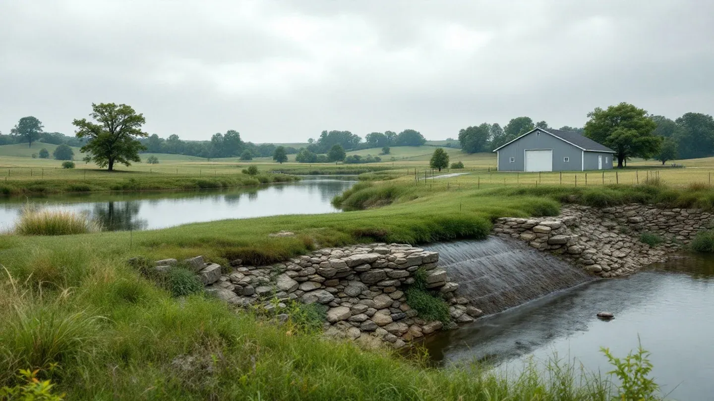 A fenced farm stock pond with a grassed earthen dam sits in rolling pasture in north Missouri in late summer.