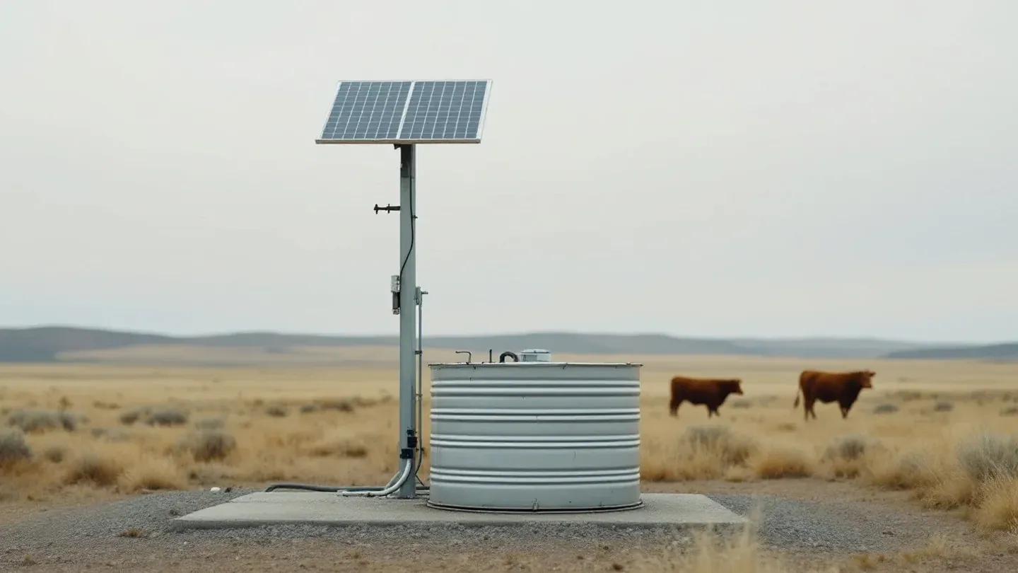 A small solar panel on a steel pole powers a pump feeding a round galvanized stock tank on open Wyoming rangeland in summer.