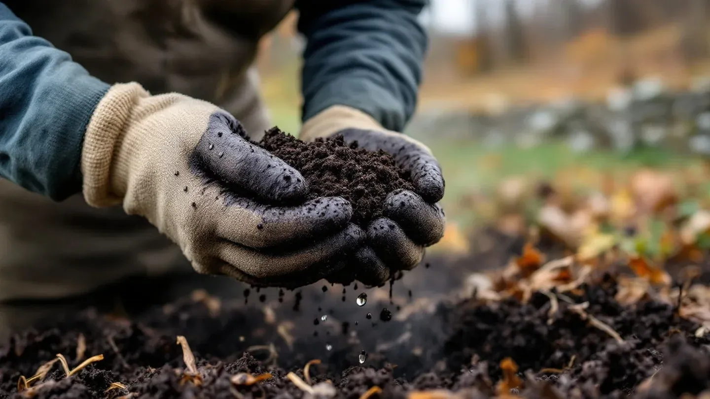 A farmer's gloved hands squeeze a handful of dark, damp compost above a turned windrow on a Vermont farm in late October.