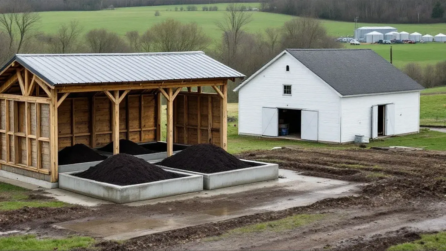 An open-sided roofed compost shed with concrete bays of maturing compost stands beside a dairy barn in Pennsylvania farm country.
