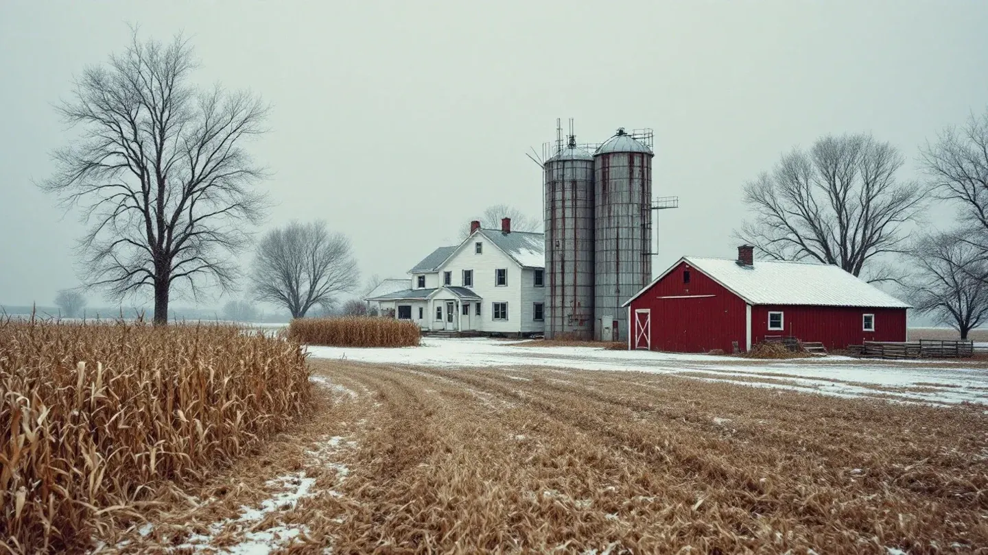 A Midwestern family farmstead with a white farmhouse, a red machine shed and a grain bin sits among snow-dusted fields in early winter.