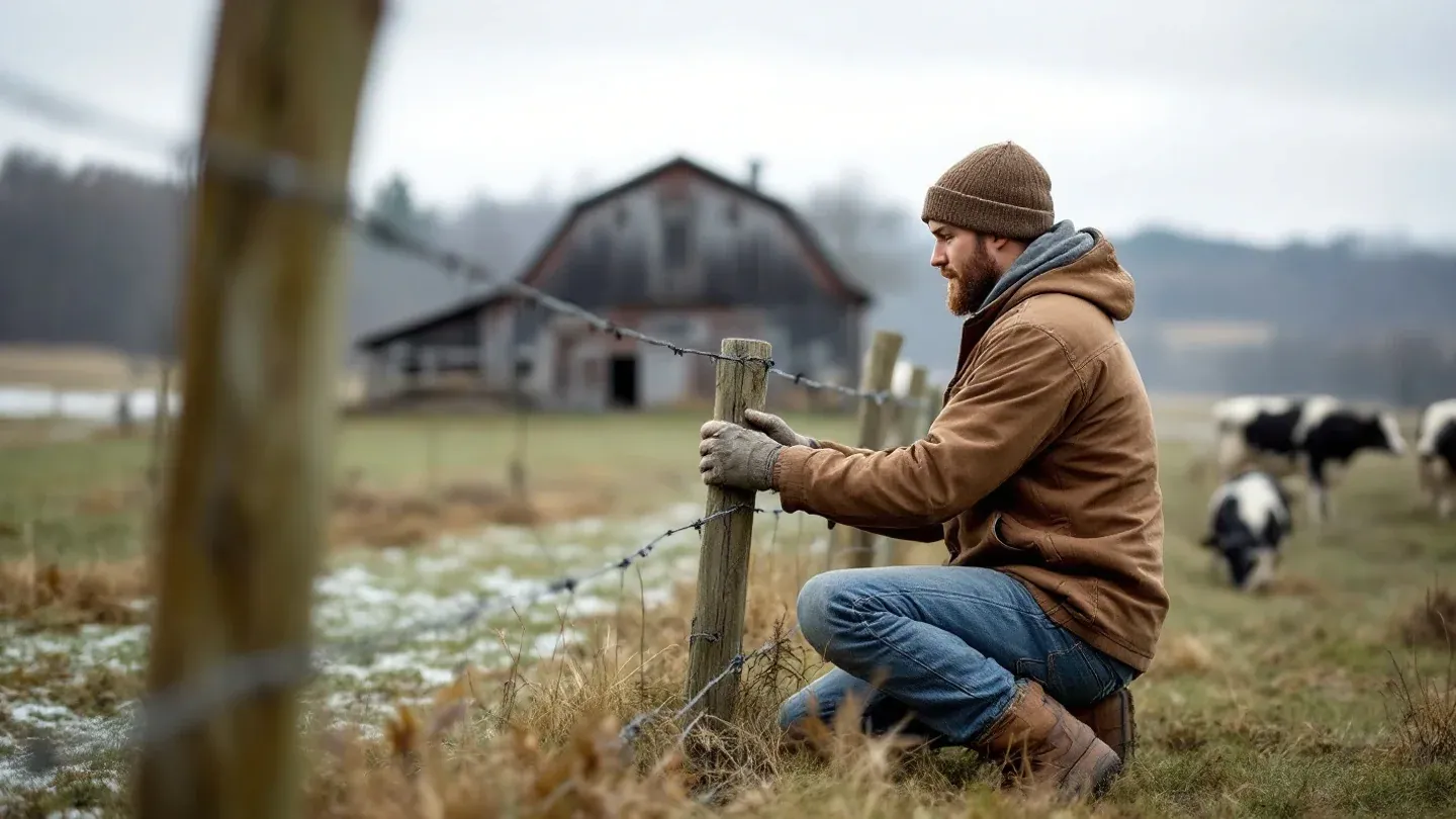 A young farmer seen side-on repairs a woven wire fence along a pasture on a Wisconsin dairy farm in late fall.