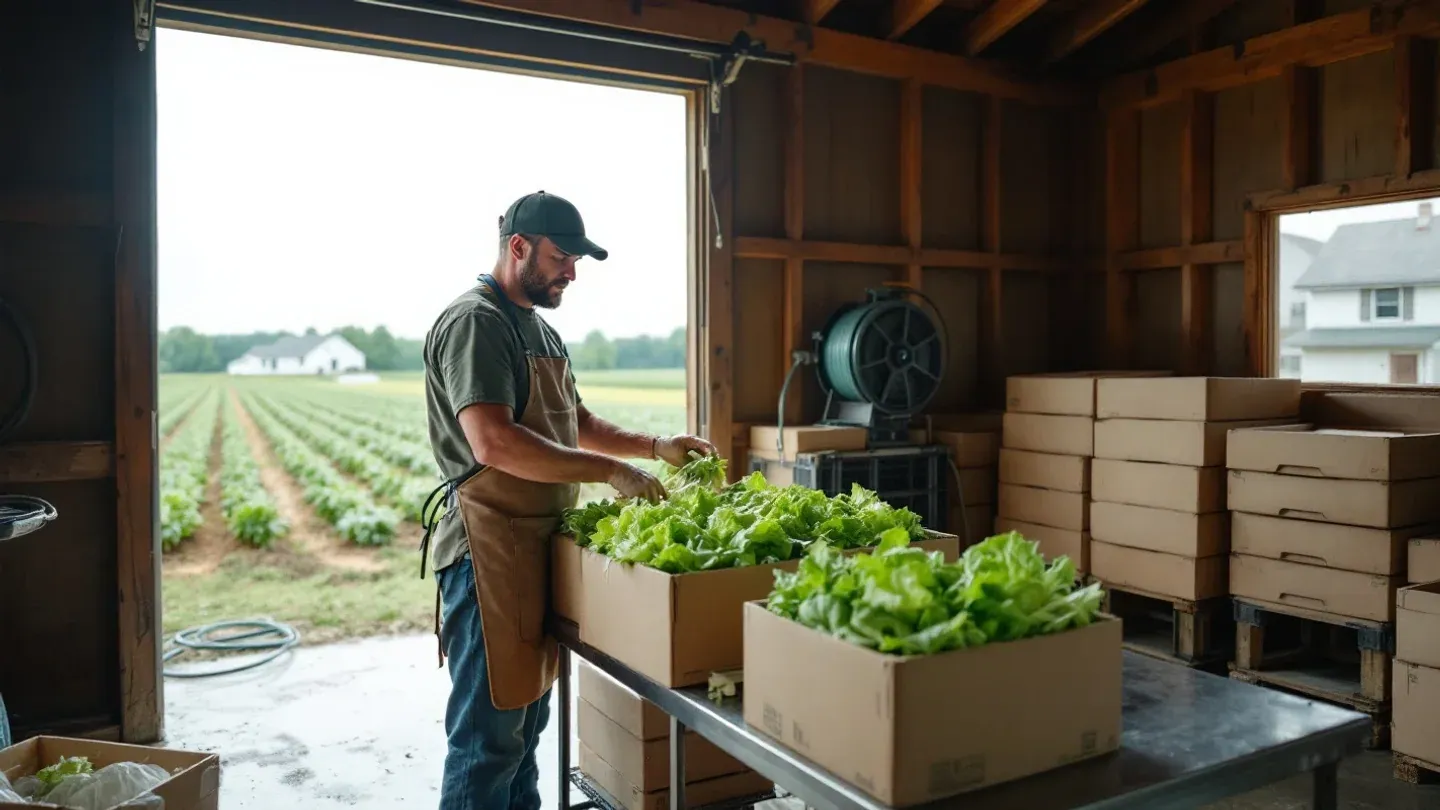 A grower seen side-on packs washed heads of green leaf lettuce into plain waxed boxes on a stainless steel table in a farm packing shed in Minnesota.