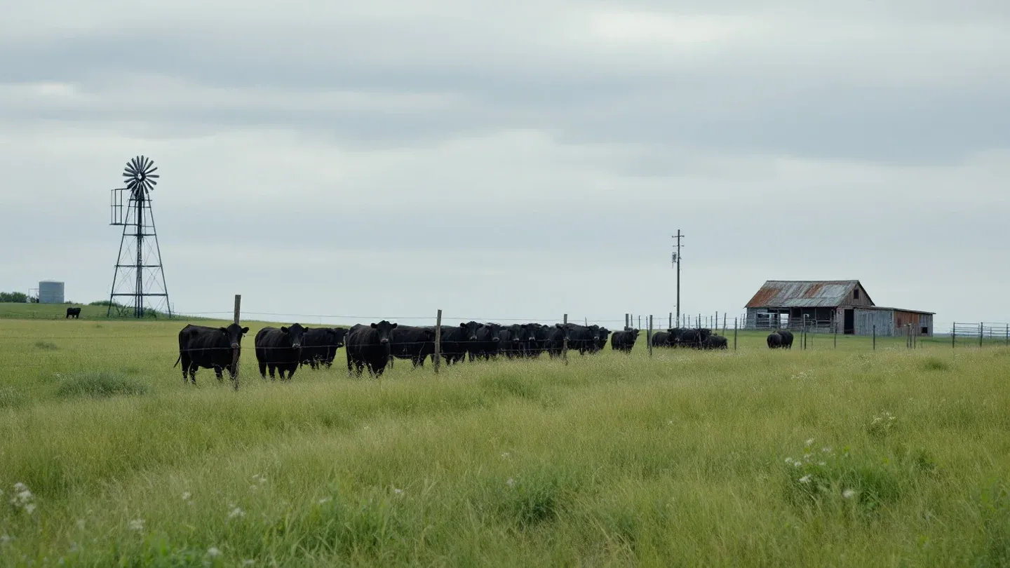 Black Angus cattle graze one paddock of a rotational grazing layout on rolling Nebraska Sandhills grassland in early summer, the rested paddock beside it taller and greener.