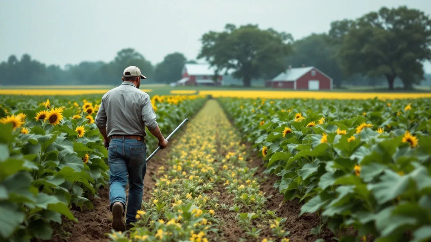 A farmer seen from behind walks into a soybean field in Illinois in July toward a pale, stunted patch, carrying a soil probe.