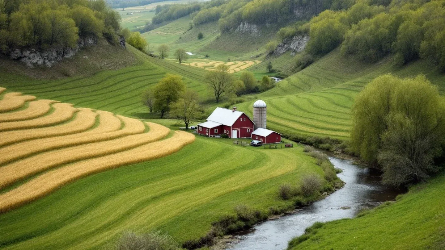 A small farm with a white farmhouse, a red barn and contoured strip fields sits in a valley of the Wisconsin Driftless in late spring.