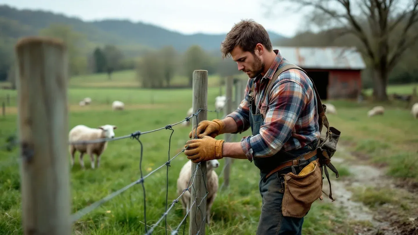 A young farmer seen side-on stretches new high-tensile fence wire between wooden posts along a pasture in the Missouri Ozarks in spring.