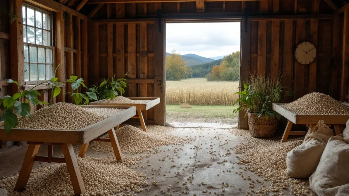 Dried heirloom bean plants and shelled seed beans lie on wooden drying screens in an open timber barn on a Vermont farm in September.