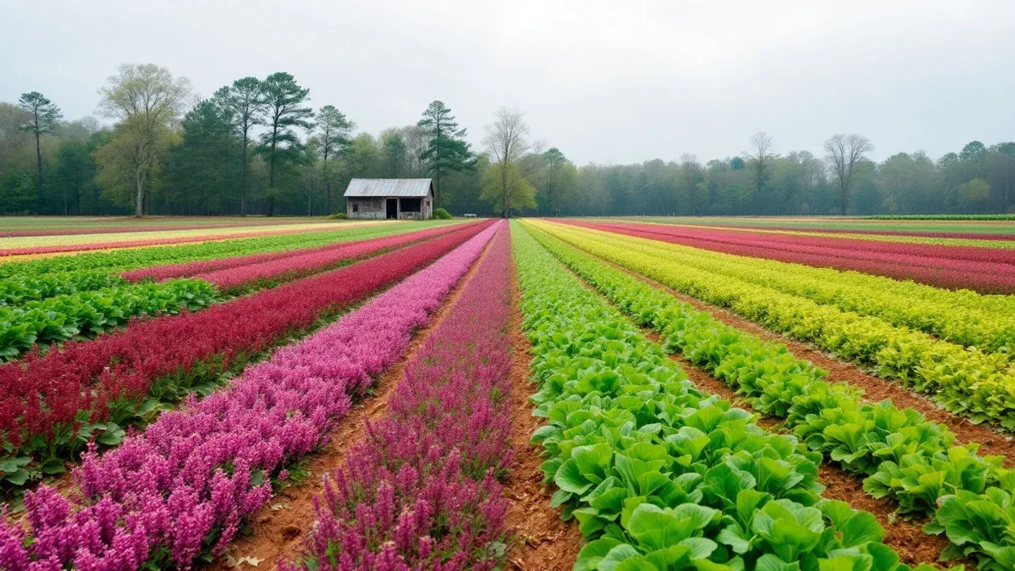 A diversified field in the North Carolina Piedmont shows strips of leafy mustard greens beside rows of flowering crimson clover cover crop in spring.