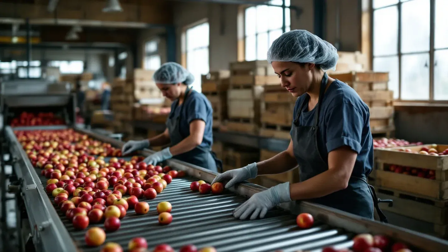 Workers seen side-on sort red apples on a roller grading line inside a fruit packing house in central Washington in the fall.
