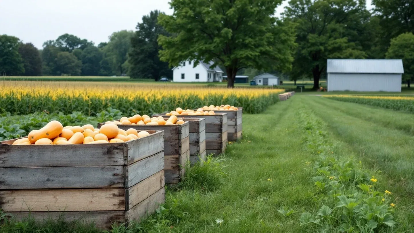 Wooden harvest bins full of butternut squash stand at the edge of a vegetable field in southwest Michigan in late summer.