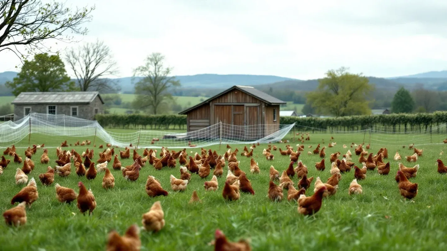 Brown laying hens forage on green pasture around a wooden hen house on skids in southeastern Pennsylvania in late spring.