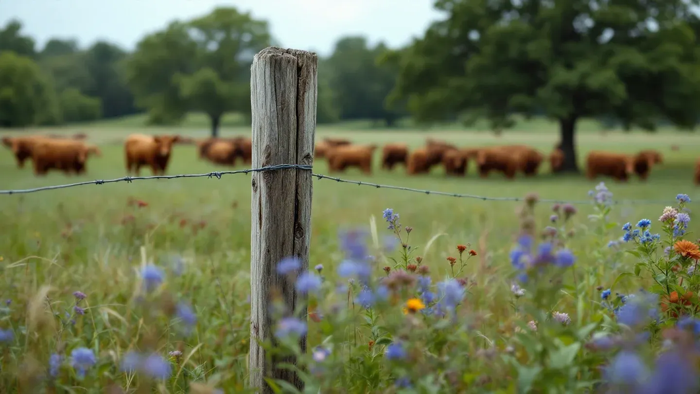 A weathered cedar fence post stands in a dense pasture of grasses, clover and chicory on a Missouri cattle farm in June.
