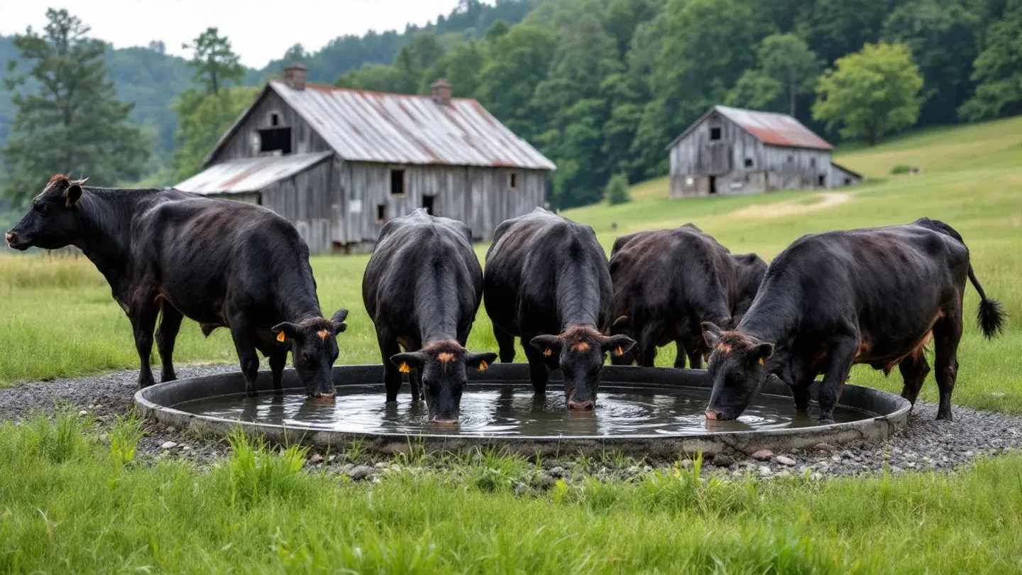 Beef cows drink from a round galvanized stock tank set on a gravel pad in a hillside pasture in southern Ohio in July.
