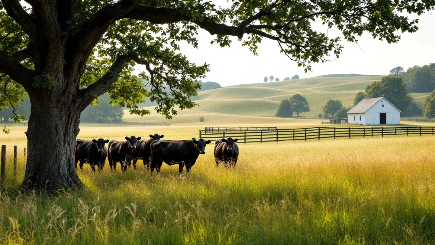 Cattle crowd into the shade of a large oak in a Kentucky tall fescue pasture with tan seedheads in early summer.
