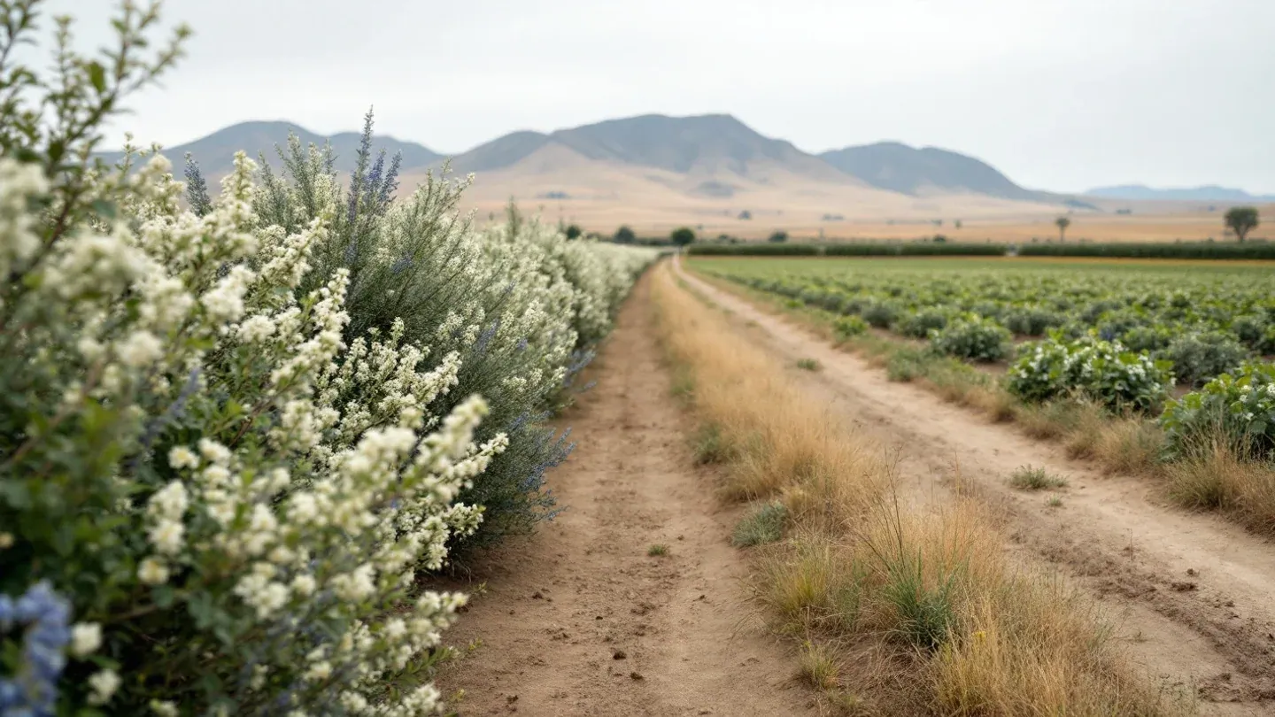 A flowering hedgerow of native California shrubs runs along the edge of a young tomato field in the Sacramento Valley in spring.