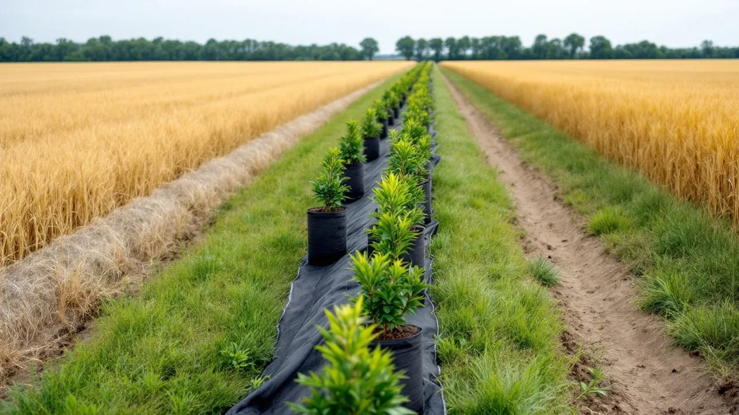 A newly planted row of young evergreen and shrub seedlings grows through black weed barrier fabric along a Kansas wheat field in early summer.