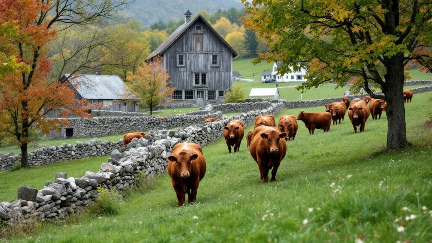 A small herd of deep red Devon cattle grazes a hilly pasture bordered by stone walls in Vermont in early summer.