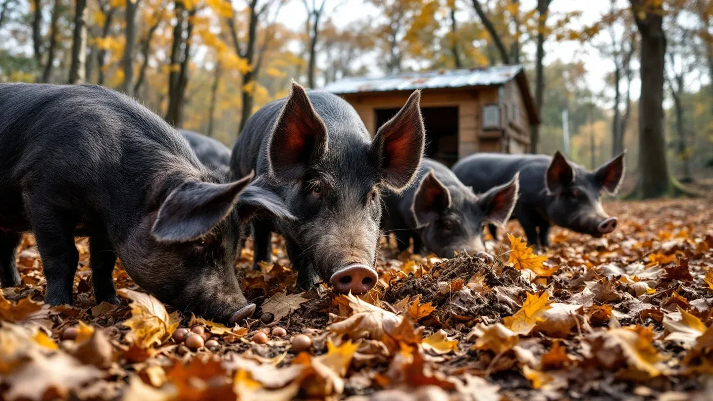 Large Black pigs root among fallen leaves and acorns in an oak woodlot in Tennessee in autumn.