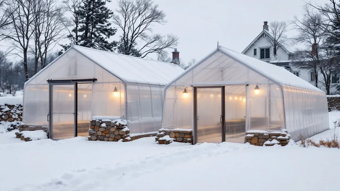 Two gothic-peaked high tunnels with plastic covers stand in fresh snow on a small New Hampshire farm in January.