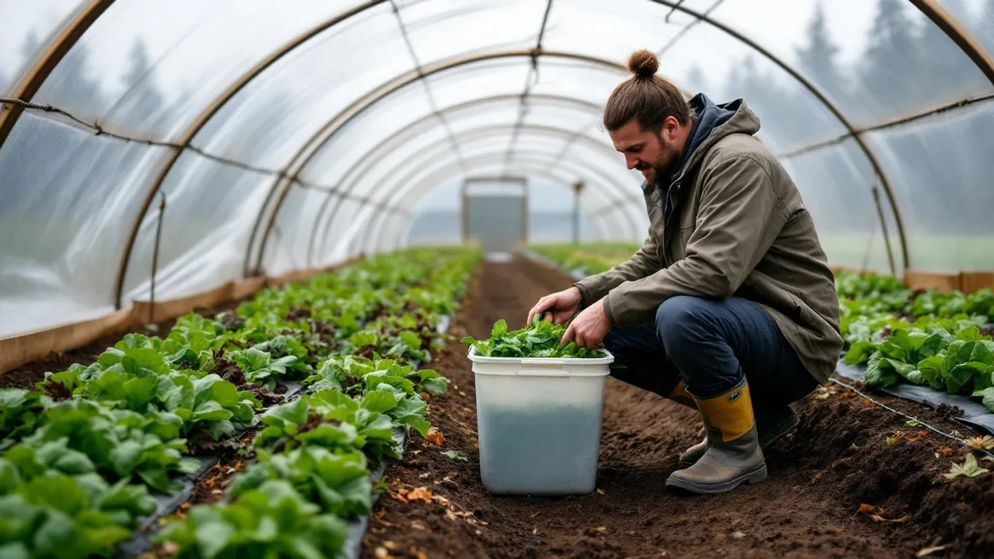 A grower seen side-on cuts spinach and salad greens inside a high tunnel in Oregon's Willamette Valley in November.