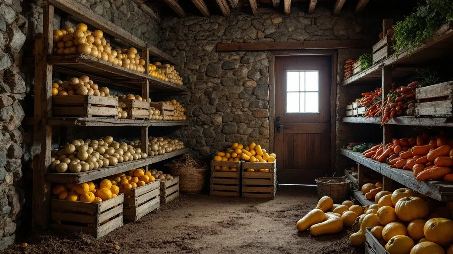 Wooden crates of potatoes, onions, carrots and winter squash fill a stone-walled root cellar on a Vermont farm in late fall.
