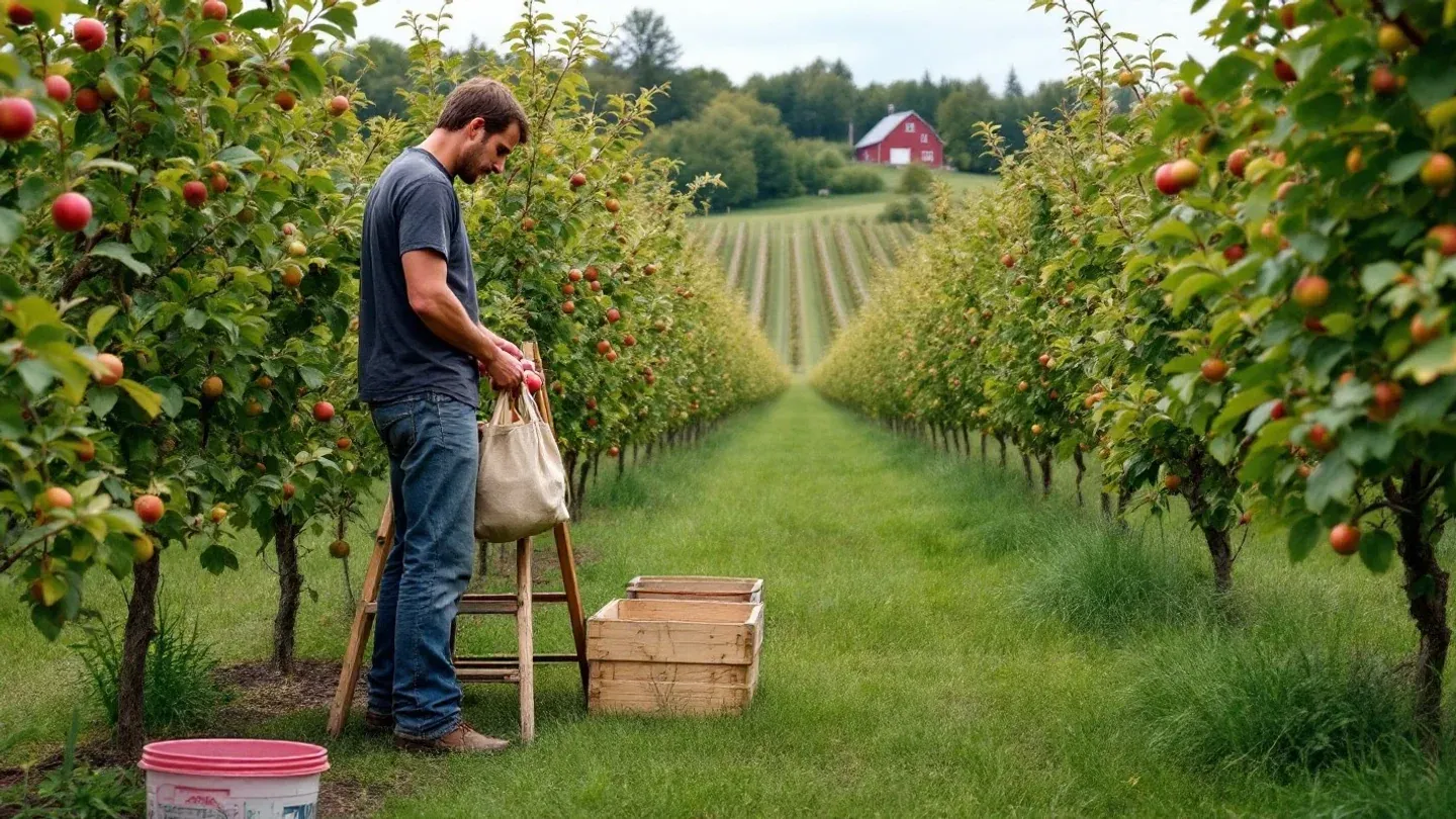 An apple picker seen side-on on a wooden orchard ladder fills a canvas bag with small red apples in a Michigan orchard in September.