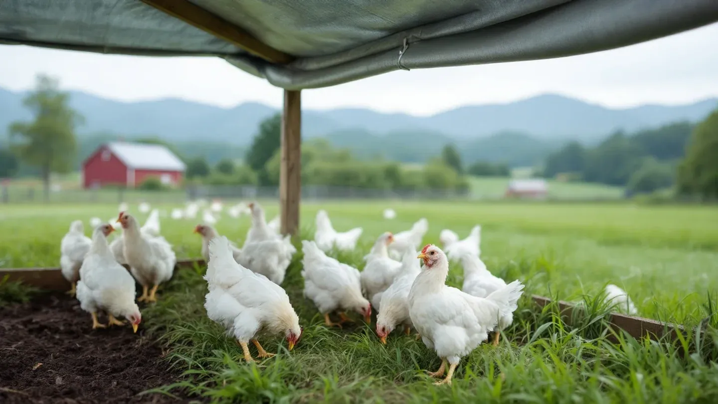White broiler chickens graze fresh grass inside a floorless wooden pasture pen on a Virginia farm in early summer.