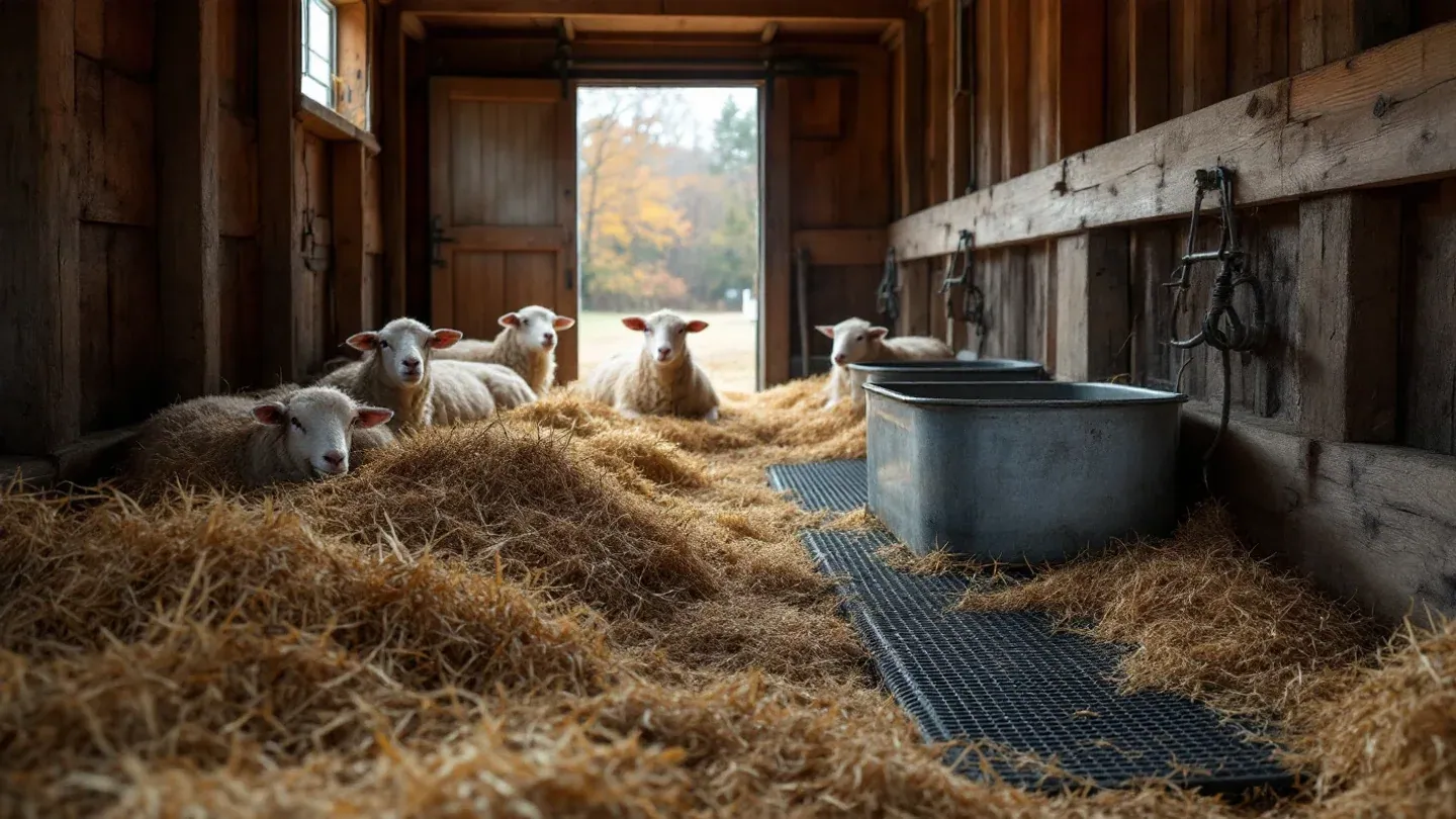A few sheep rest in a clean straw-bedded pen beside a full water trough inside a small wooden barn in Vermont.