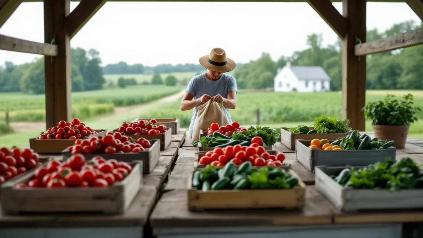 A CSA member seen from behind fills a cloth bag from crates of tomatoes, zucchini and greens in an open farm pickup shed in Pennsylvania in July.