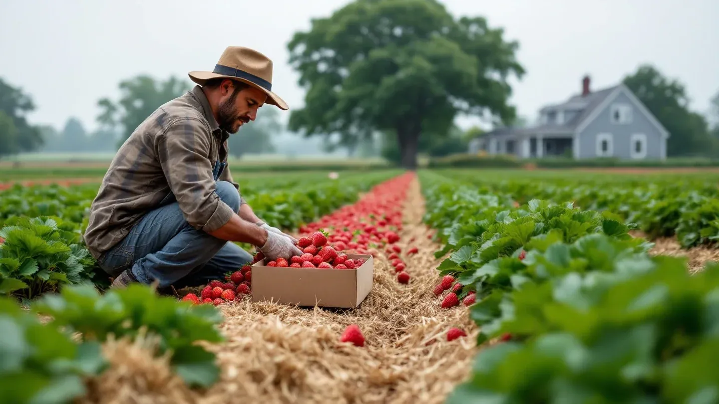 A farmworker seen side-on picks ripe strawberries into a flat on a New Jersey farm on a June morning.
