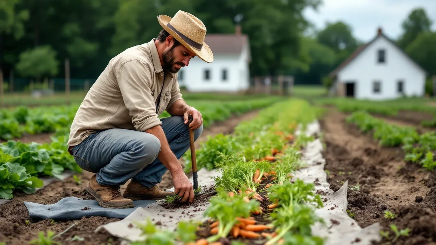 A farmer seen side-on hand-weeds a bed of young carrots on a small Pennsylvania vegetable farm in July.