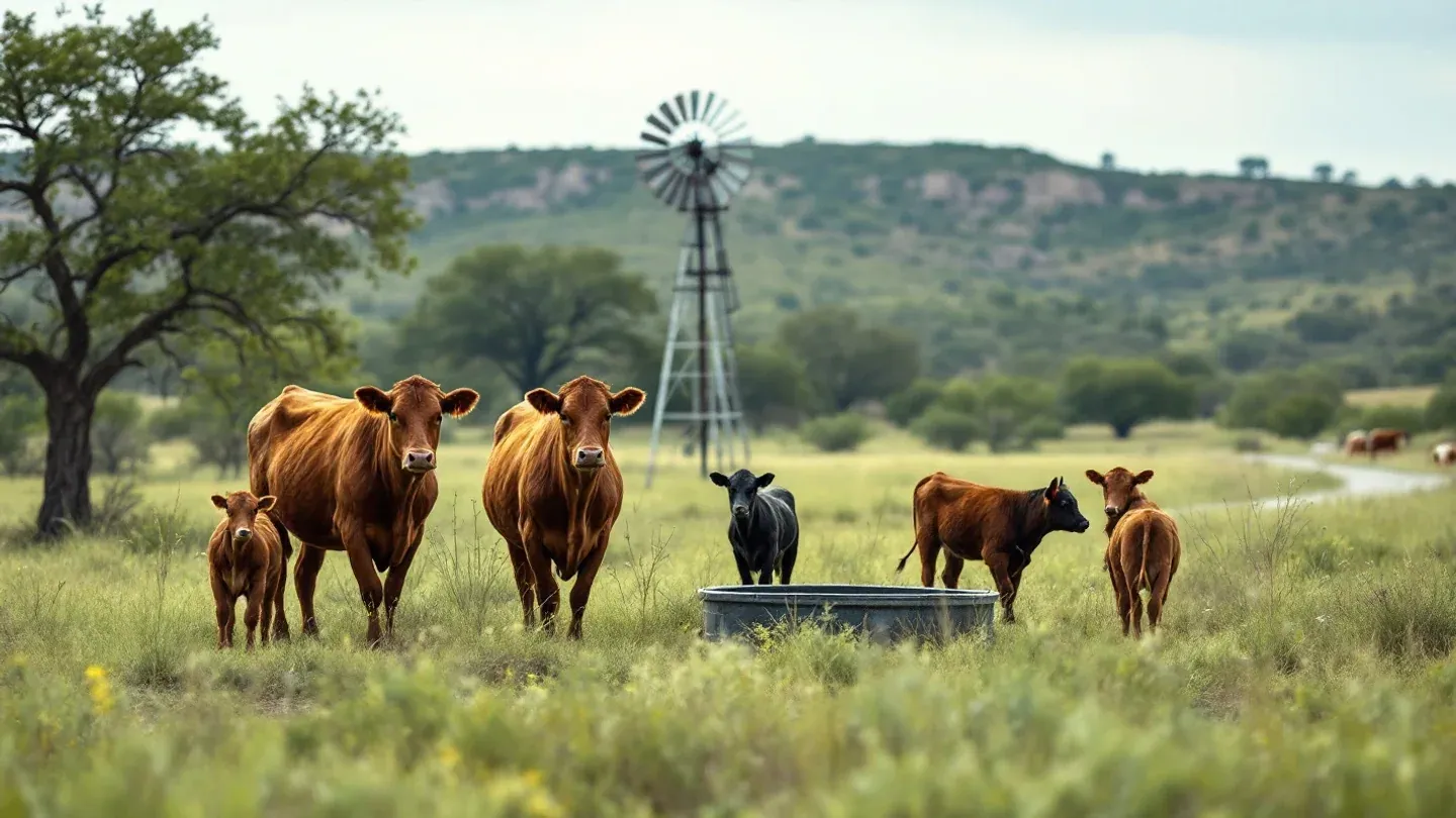 Cow-calf pairs graze native grass pasture dotted with live oaks in Central Texas in spring.