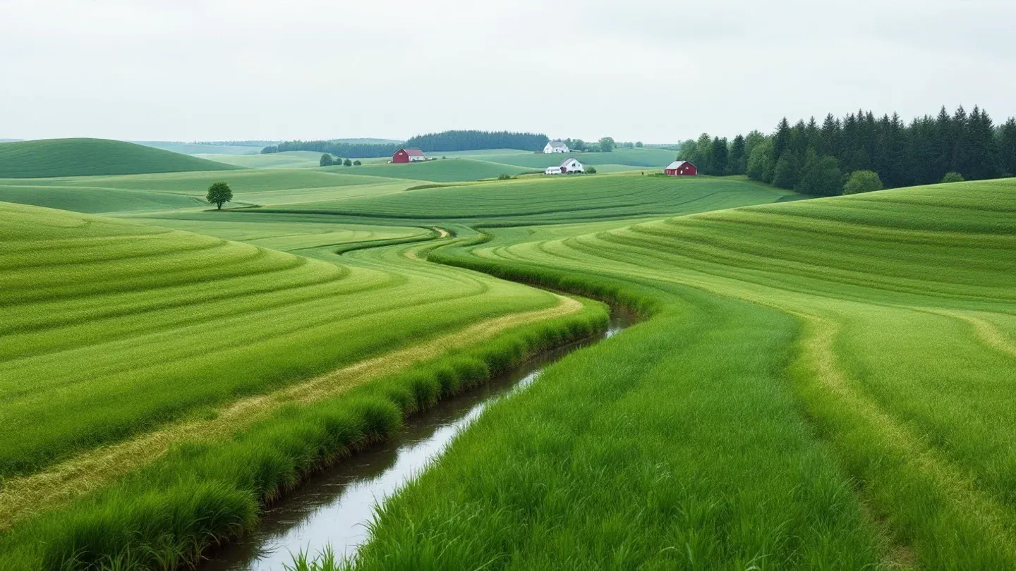 A grassed waterway curves through a contoured field of young soybeans in southeastern Iowa in late spring.