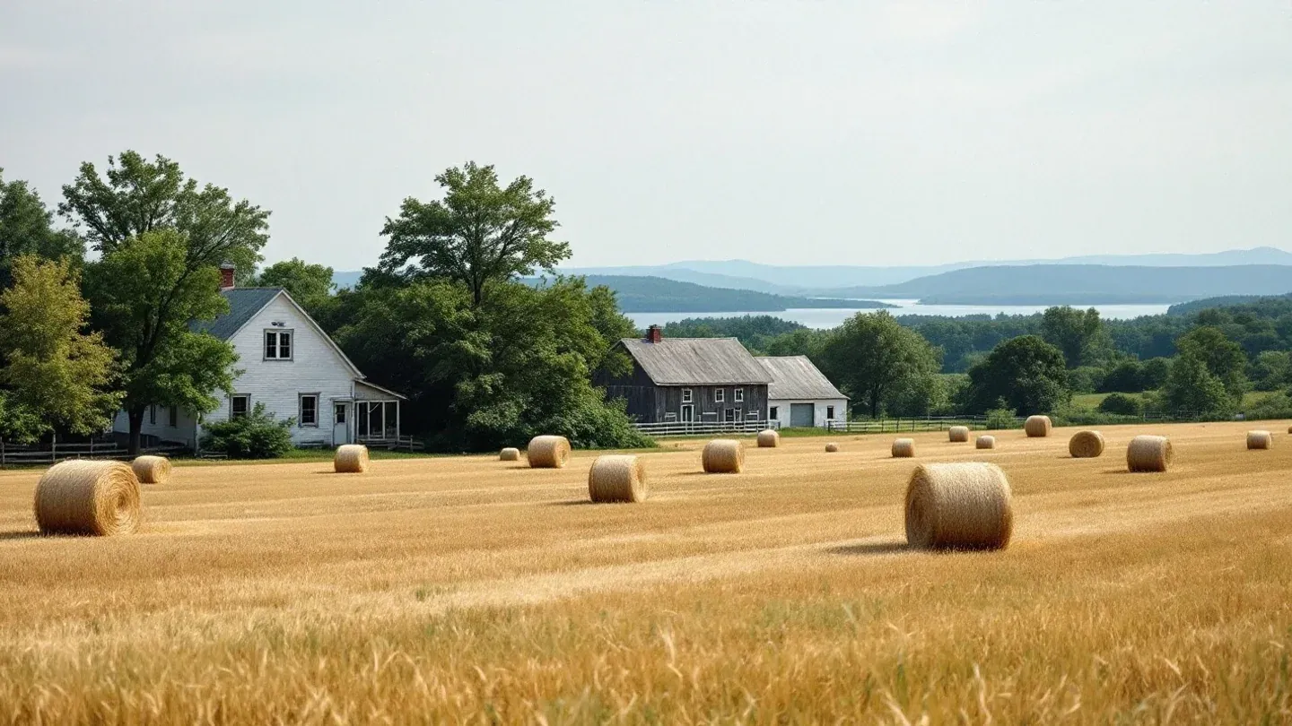 Open hayfields with round bales stretch toward the Adirondacks on a protected farm in Vermont's Champlain Valley in summer.