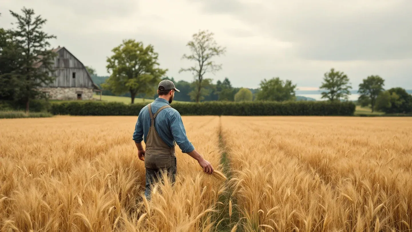 A farmer seen from behind walks the edge of a ripe golden winter wheat field in New York's Finger Lakes region in July.