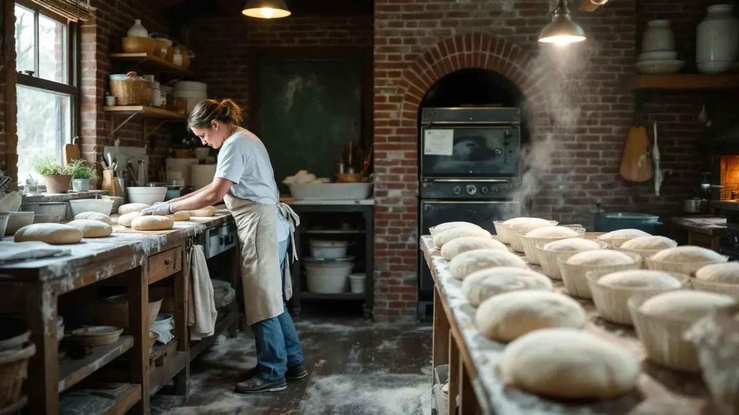 A baker seen side-on shapes round loaves of dough on a floured wooden bench beside a brick oven in a small Vermont bakery.