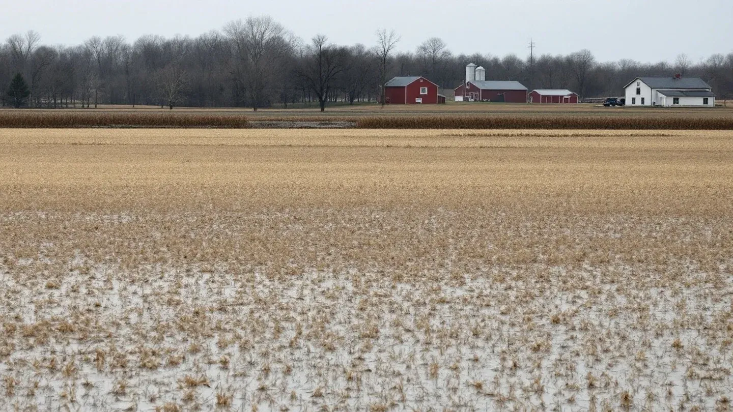 Floodwater stands in a harvested cornfield on Missouri River bottomland in early spring, a farmstead on higher ground beyond.