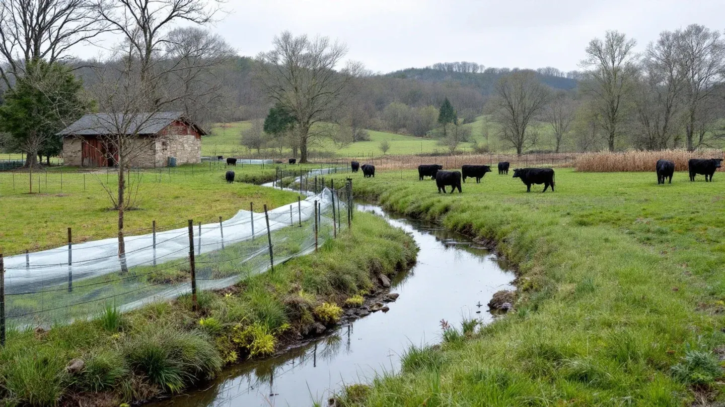 A newly fenced streambank buffer with young planted trees in tubes runs along a creek through a Pennsylvania cattle pasture in early spring.