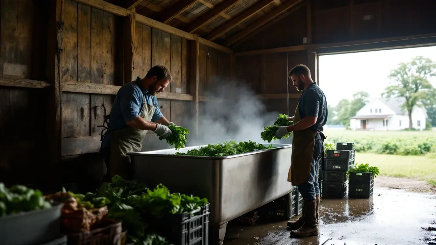 A grower seen side-on plunges bunches of freshly cut kale into a stainless steel tank of cold water in an open farm shed in Wisconsin.