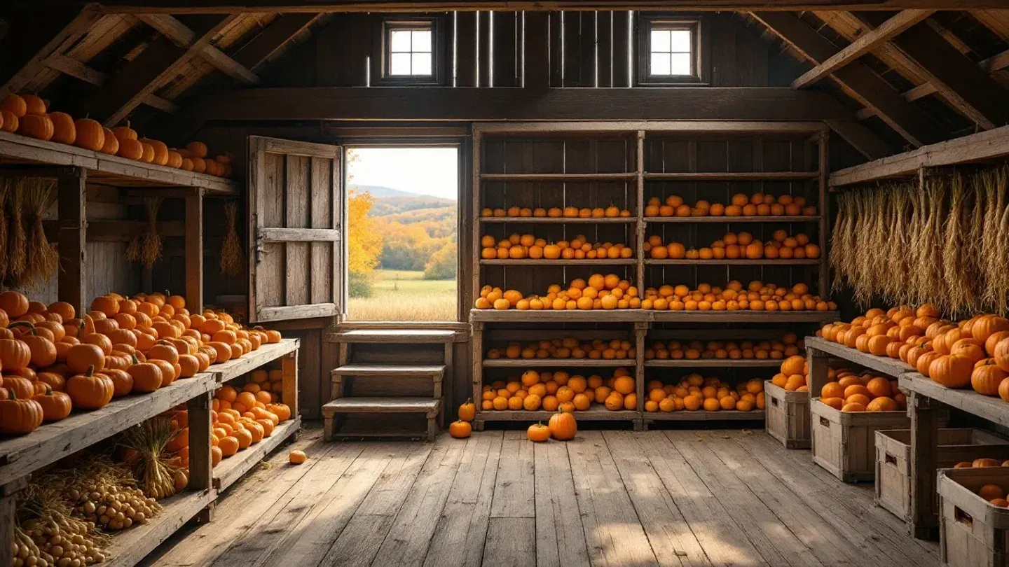 Butternut squash, pumpkins and onions cure on slatted wooden racks in the loft of an old barn in Massachusetts in October.