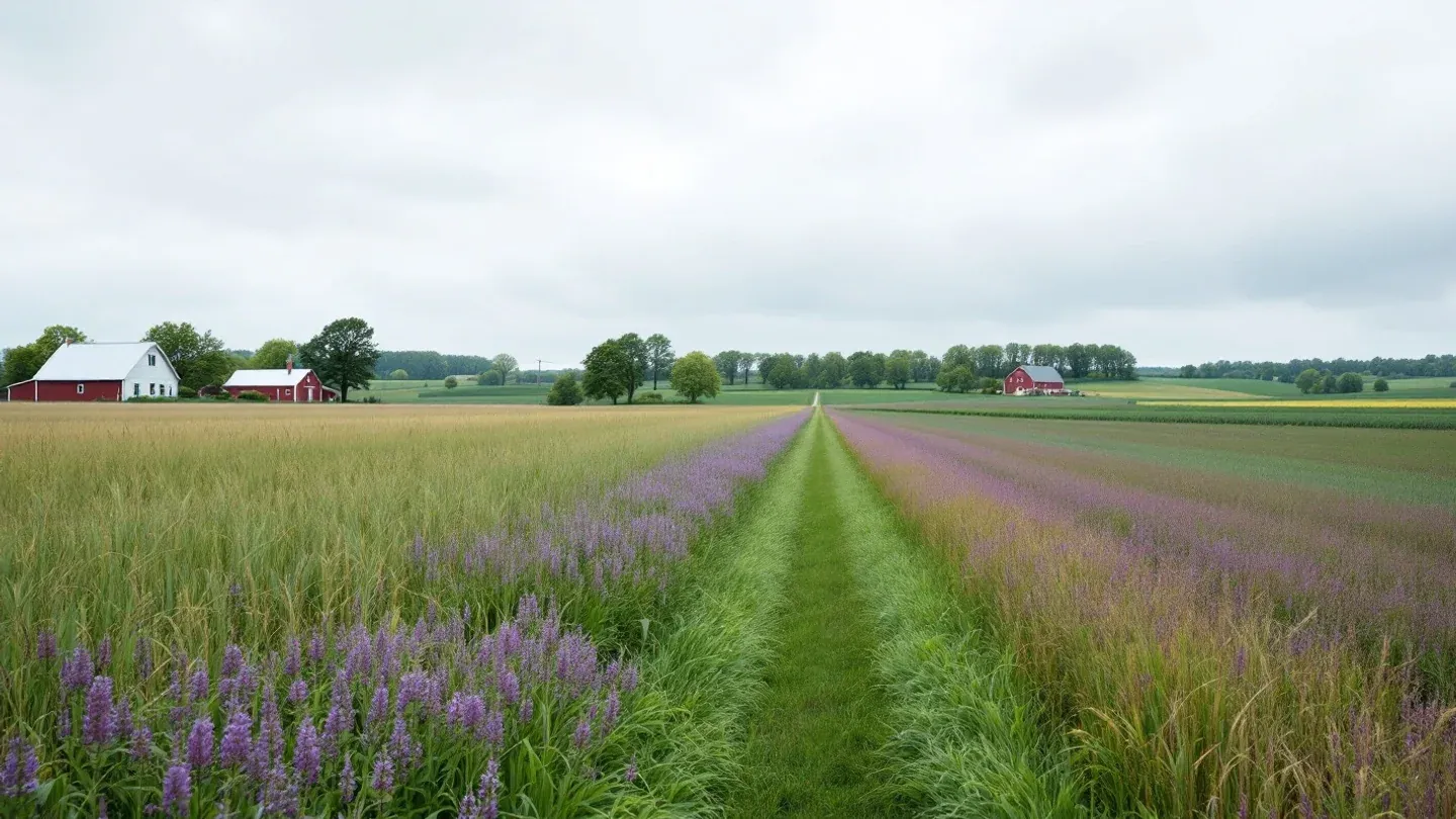 A transition field covered in flowering cereal rye and purple hairy vetch stretches toward a farmstead in central Ohio in May.