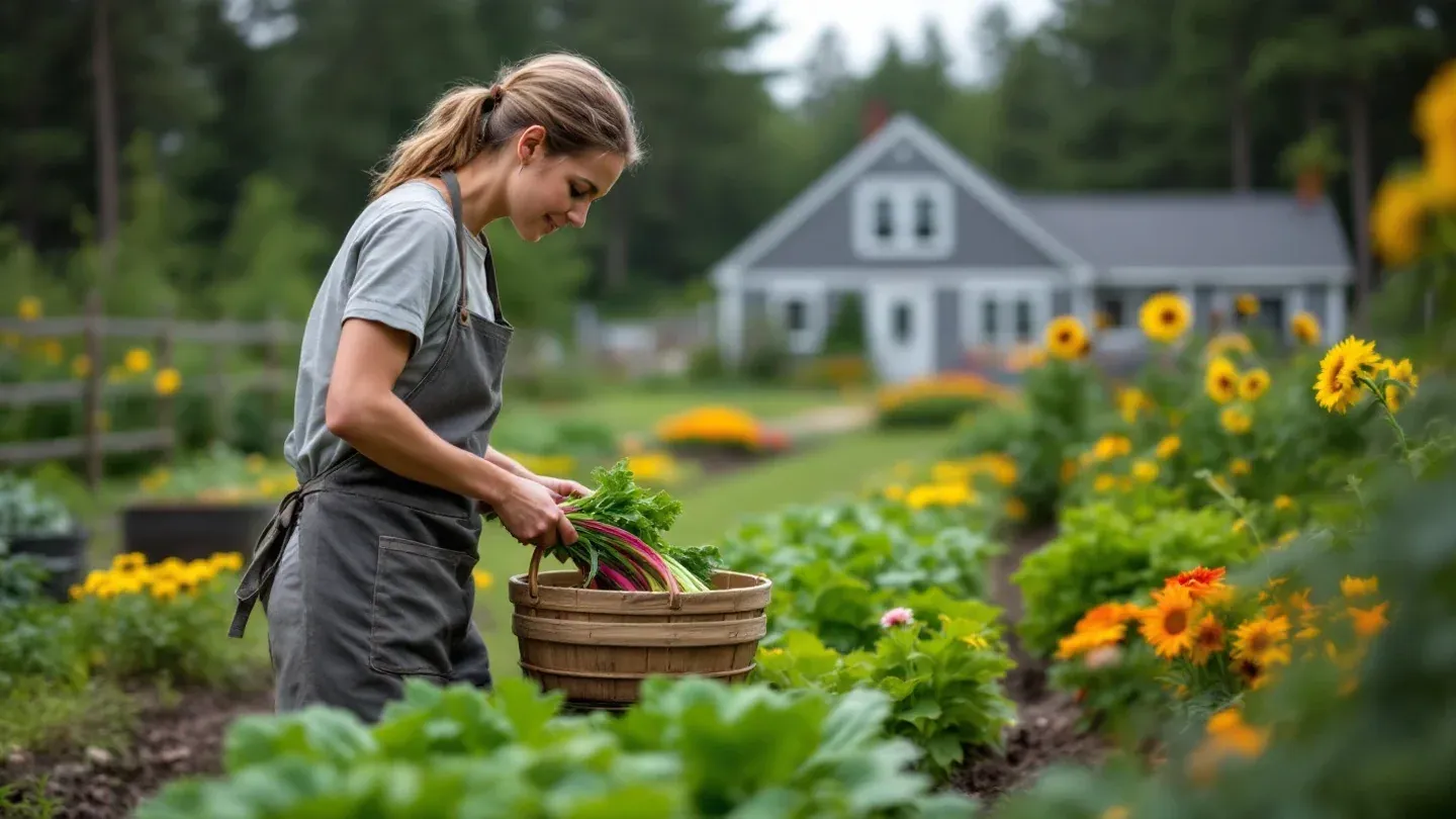 A grower seen side-on harvests rainbow chard from a small diversified vegetable plot on a Maine farm in summer.