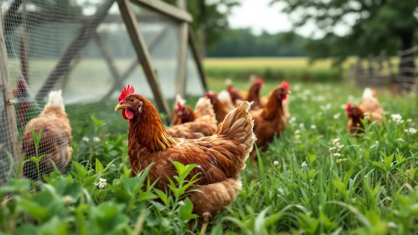 Red slow-growing broiler chickens forage through white clover and grass outside a walk-in A-frame pasture pen in Kentucky in early summer.