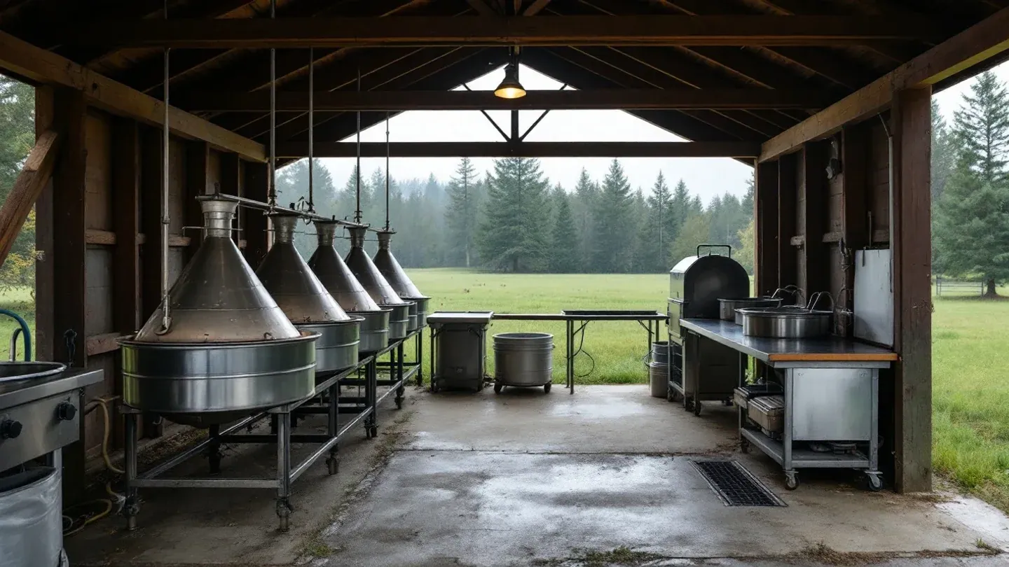 A clean, empty on-farm poultry processing station with killing cones, a scalder, a drum plucker and a stainless table stands under an open shed roof in Maine.
