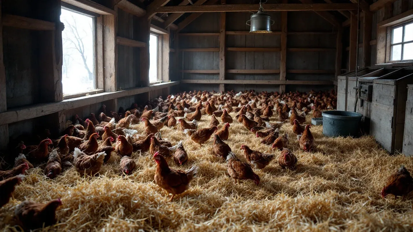 Brown laying hens scratch through a deep straw bedding pack inside a timber barn on a Minnesota farm in midwinter.